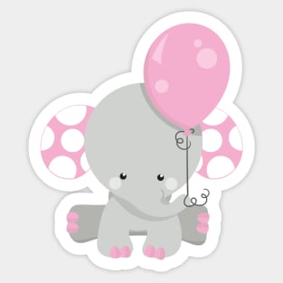 Elephant With Balloon, Cute Elephant - Pink Gray Sticker